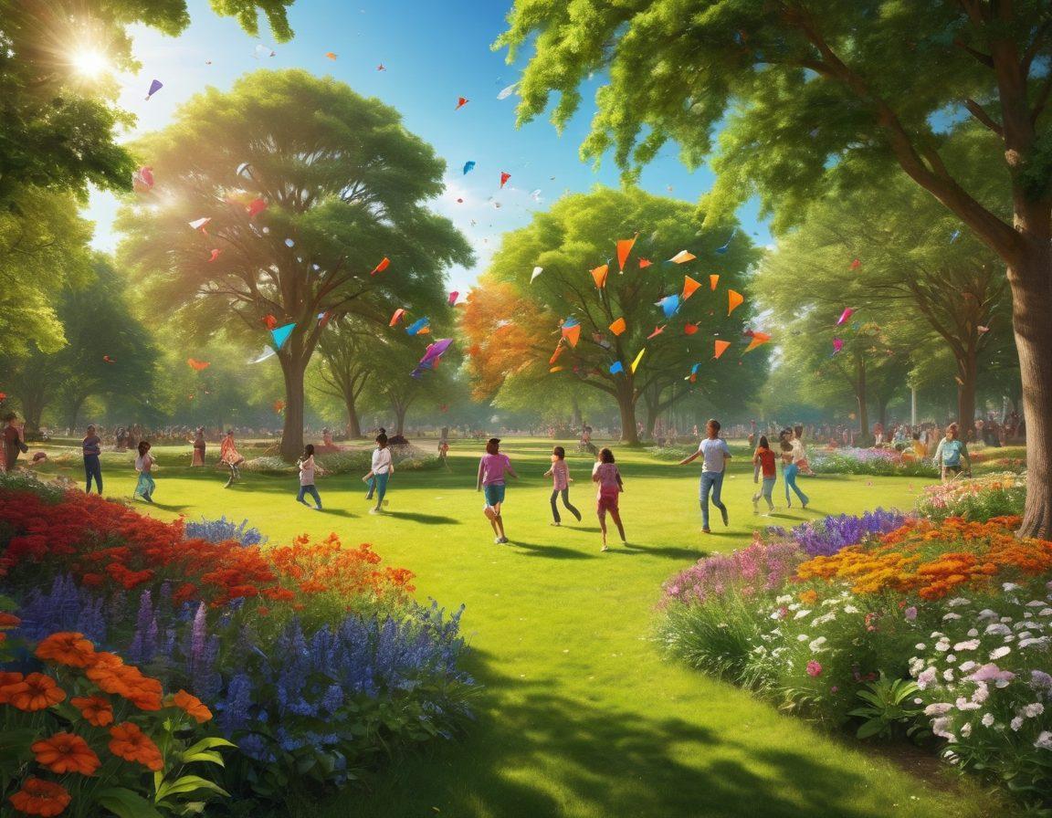 A vibrant and colorful scene depicting a diverse group of people joyfully engaging in various playful activities in a sunlit park. Include children flying kites, adults dancing, and pets playing, all surrounded by blooming flowers and lush greenery. Capture the essence of freedom and cheerfulness with radiant smiles and carefree expressions. Use bright colors to evoke a sense of happiness. super-realistic. vibrant colors. outdoor setting.