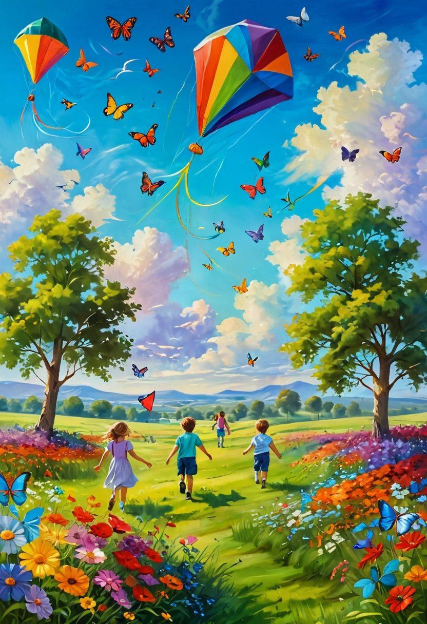 A whimsical landscape featuring children and adults joyfully playing in a lush green meadow, colorful kites soaring in the sky, surrounded by vibrant flowers and butterflies, embodying a sense of freedom and playfulness. The scene has a soft, dream-like quality with an inviting sunny atmosphere. painting. vibrant colors.