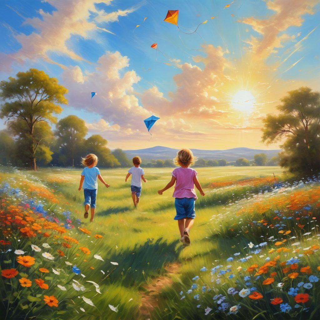 A serene landscape featuring an open meadow bathed in warm golden sunlight, with playful children running freely, flying kites and laughing, surrounded by blooming wildflowers. In the background, a tranquil blue sky dotted with fluffy white clouds enhances the feeling of freedom and joy. Include soft brush strokes to evoke a sense of warmth and tranquility. painting. vibrant colors.
